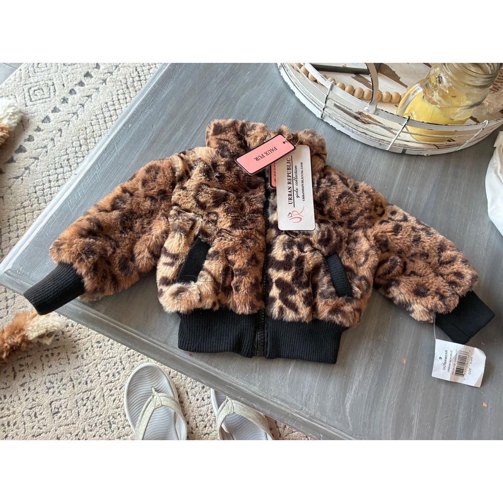 Urban Republic Girls Leopard Faux Fur Bomber Jacket Brown Black 6/9M NWT - Picture 2 of 7